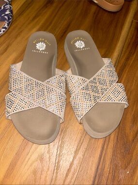 Yellow Box Taupe Crystal Cross-Strap Slide Sandals